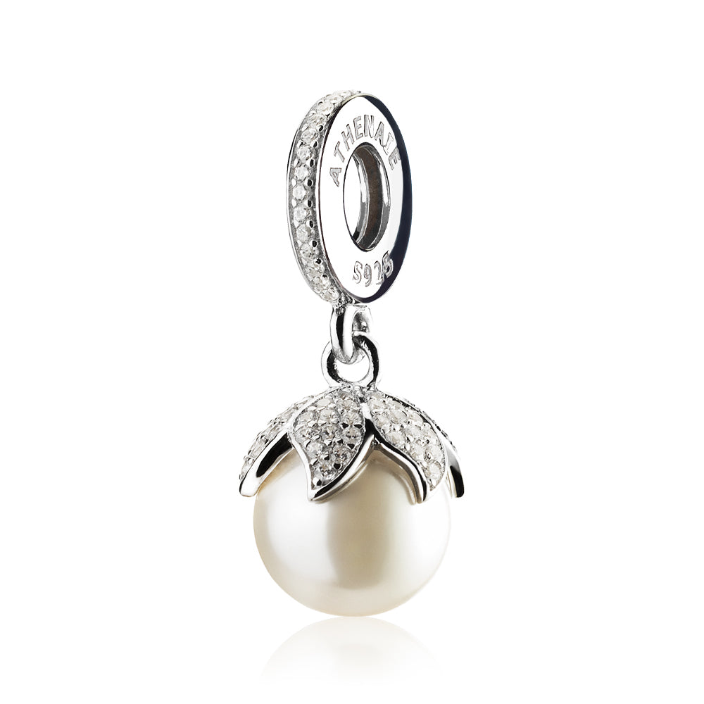 Front view of Petal Pearl charm pendant in 925 sterling silver with CZ and shell pearl, compatible with most charm bracelets