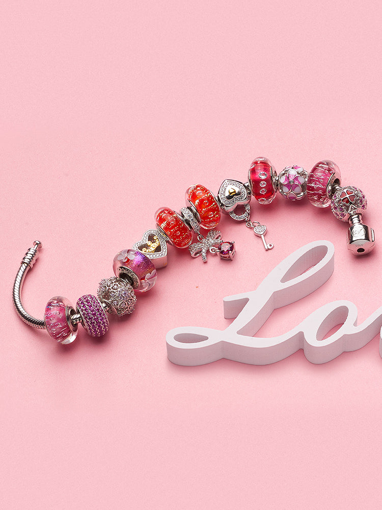 Petal shine murano glass charm on European style snake chain bracelet