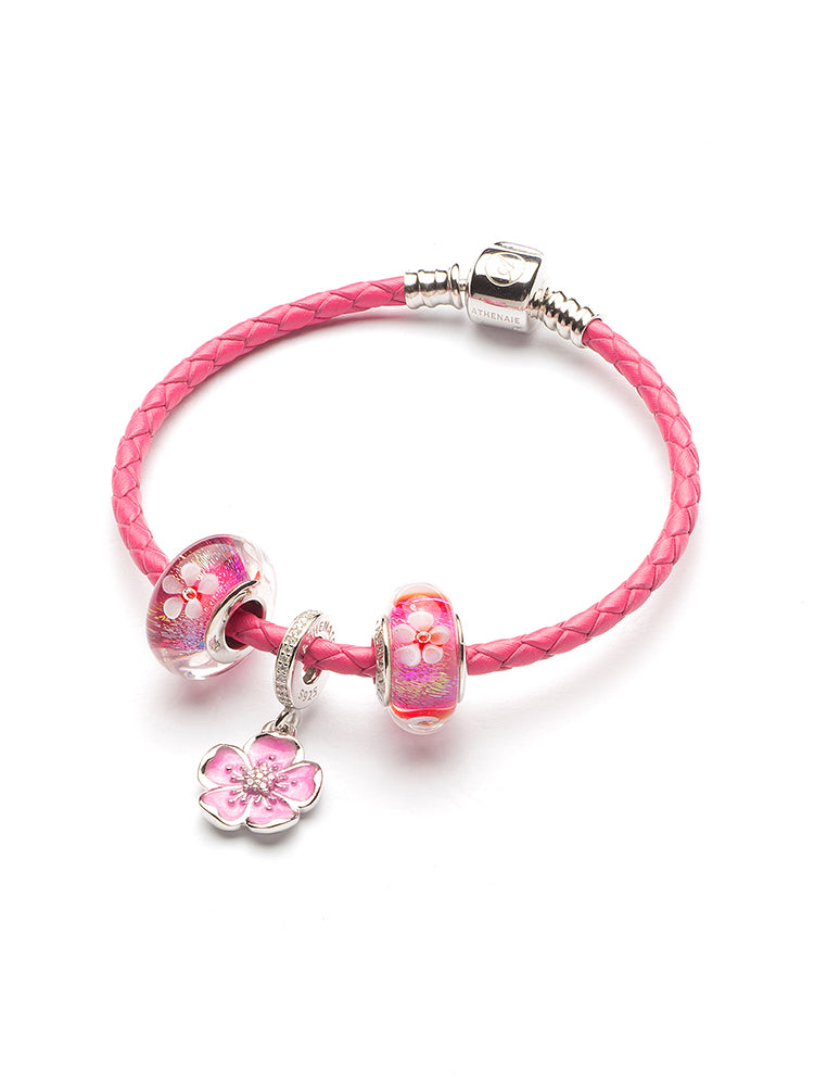 Close view of petal shine murano glass charm on charm bracelet