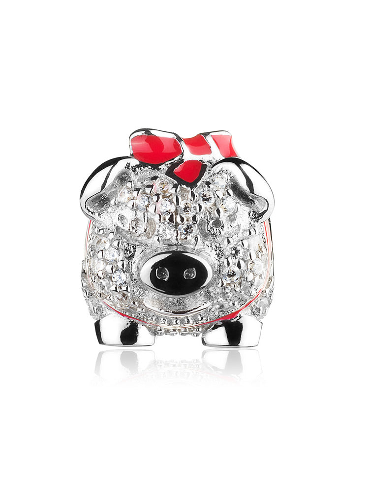 Lucky piggy charm bead front view sterling silver