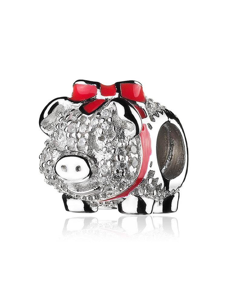 Lucky pig charm bead side view in sterling silver with CZ by ATHENAIE
