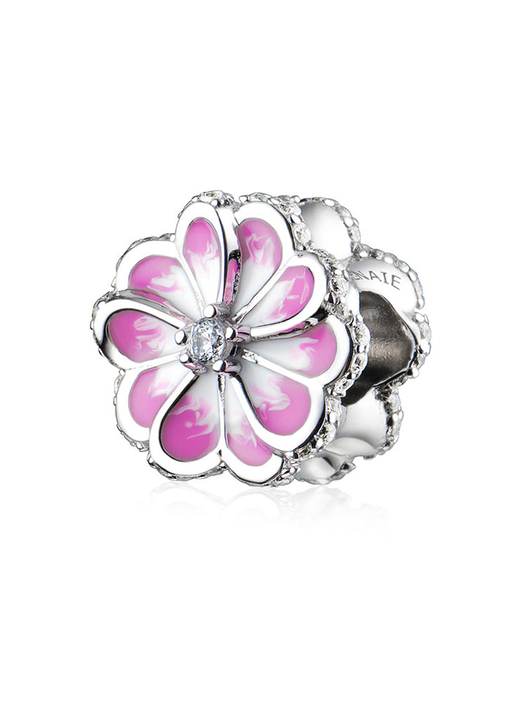 Pink bloom enamel sterling silver charm bead front view