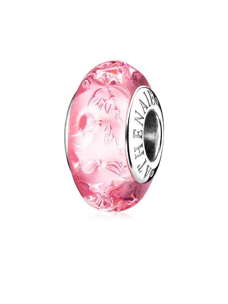 Pink blossom glow murano glass charm bead front view