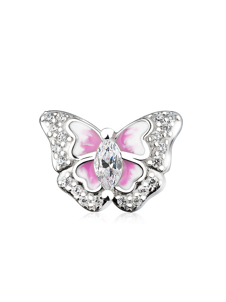 Pink butterfly enamel sparkle charm bead front view