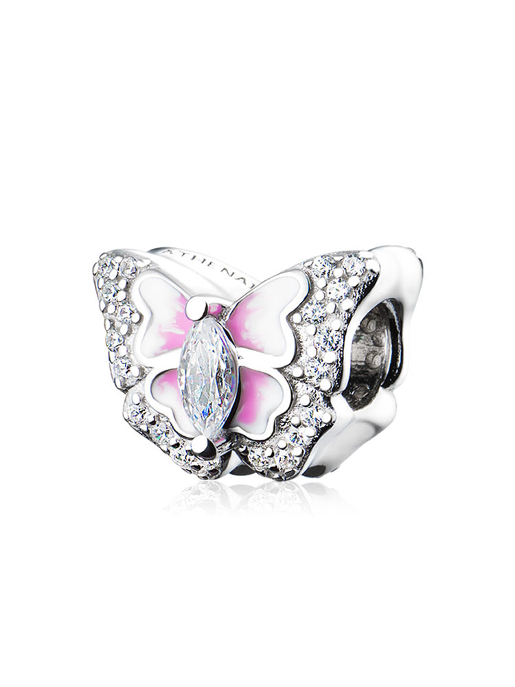 Pink butterfly enamel sparkle sterling silver charm bead side view