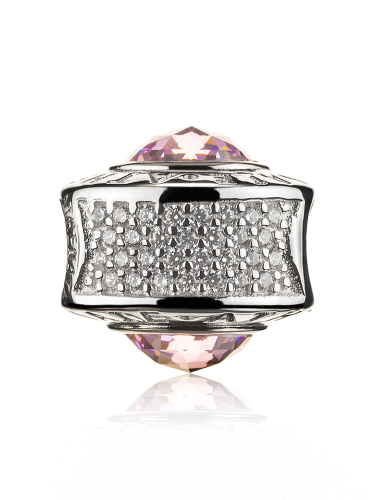 Side view of pink crystal charm bead in 925 silver