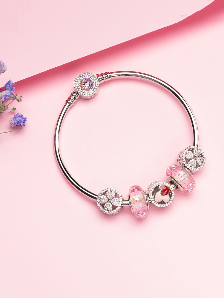 925 sterling silver pink enamel CZ clasp charm bangle bracelet styling
