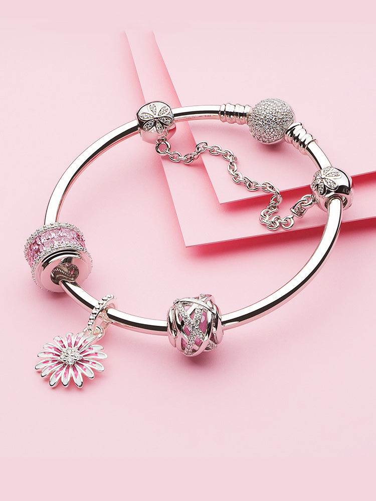 Pink CZ column charm bead bracelet styling in sterling silver