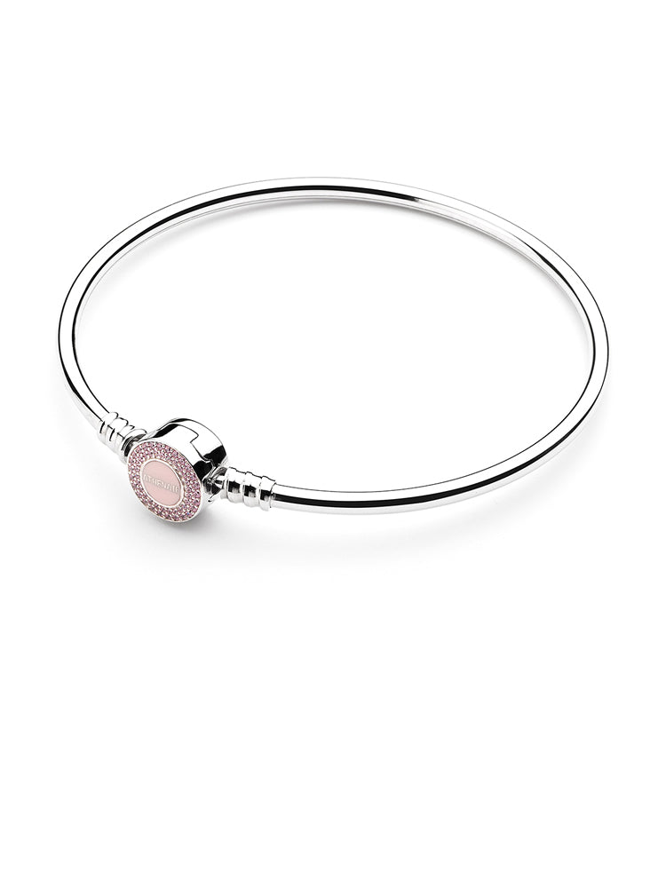 925 sterling silver pink enamel CZ clasp charm bangle bracelet front view