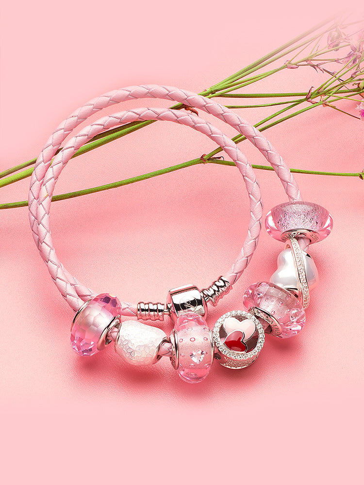 Pink enamel heart charm blossom bead on European style bracelet by ATHENAIE