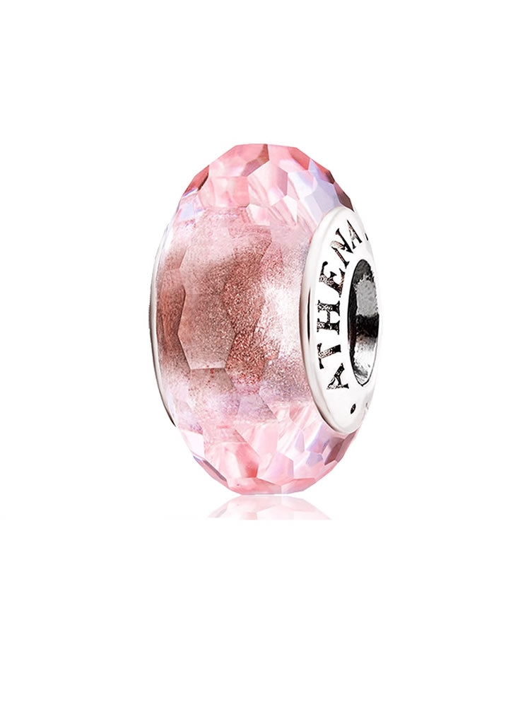 Pink faceted Murano glass charm bead front view