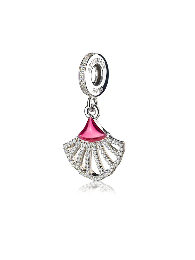 Pink fan 925 sterling silver dangle charm front view
