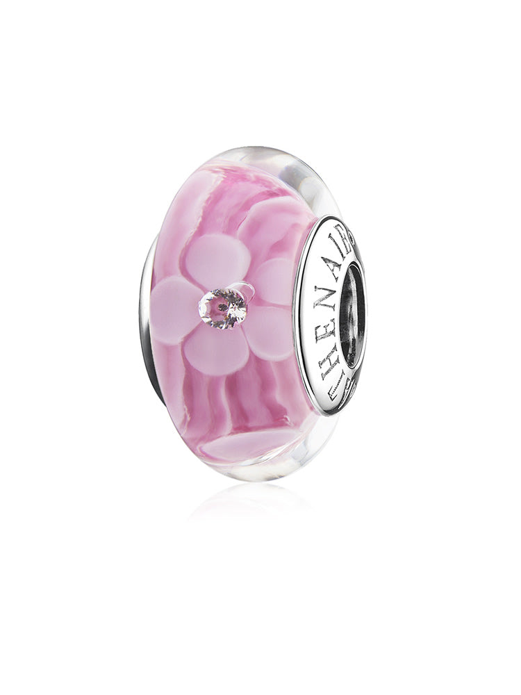 Pink flower Murano glass bead with CZ center, front view