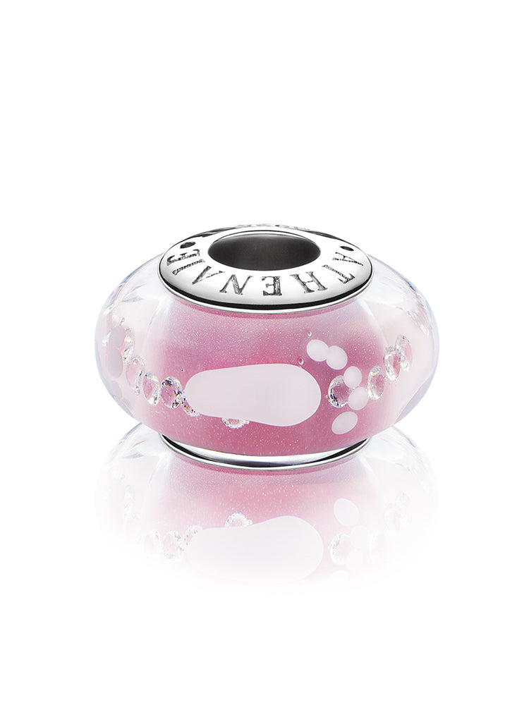 Pink footprint murano glass charm bead top view detail