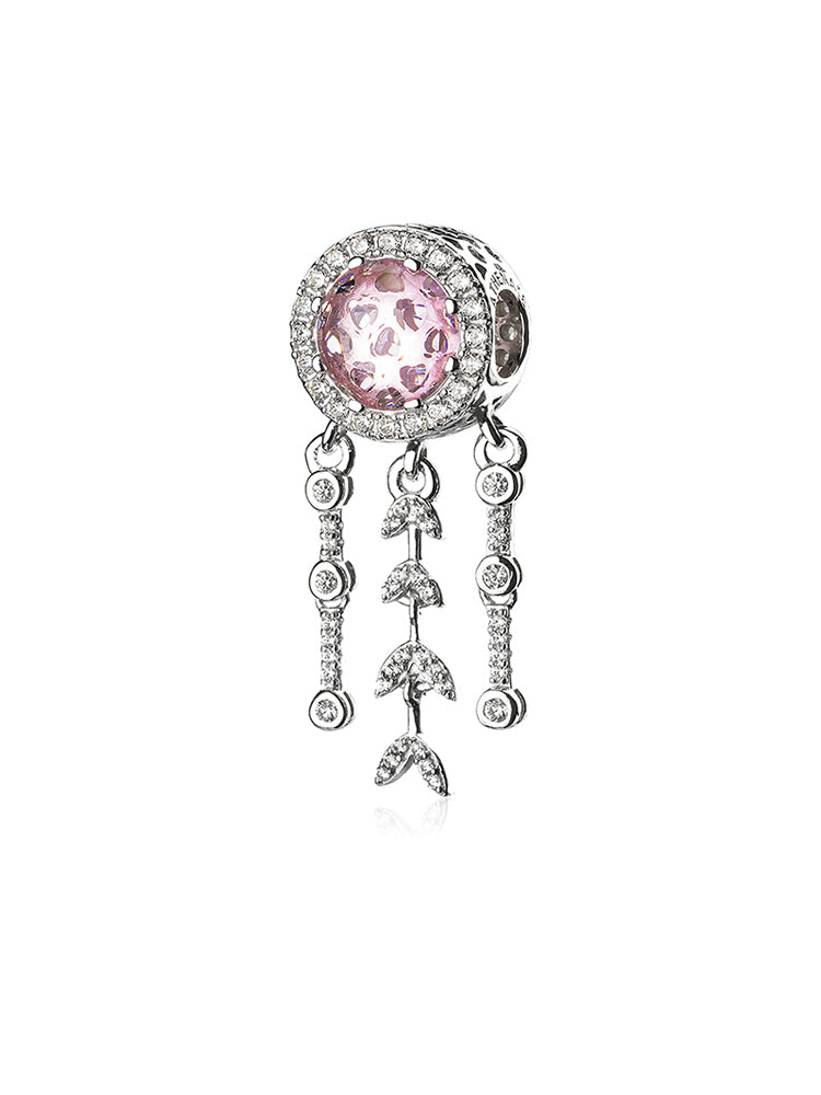 Pink halo dream catcher charm in 925 sterling silver with CZ, front view