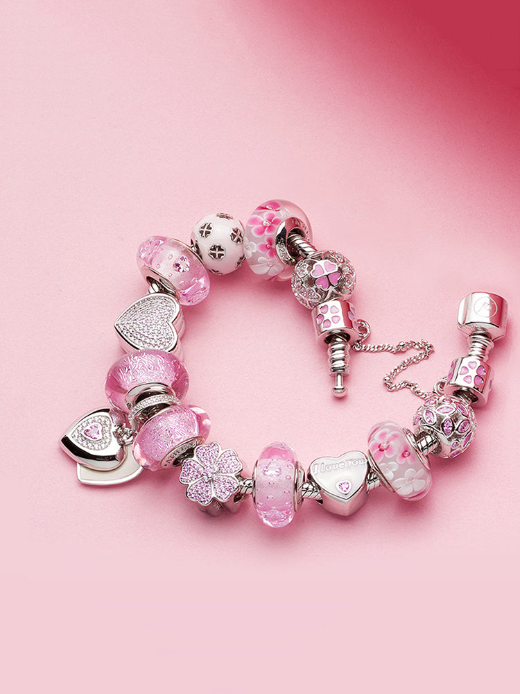 Pink heart charm paired with European snake chain charm bracelet