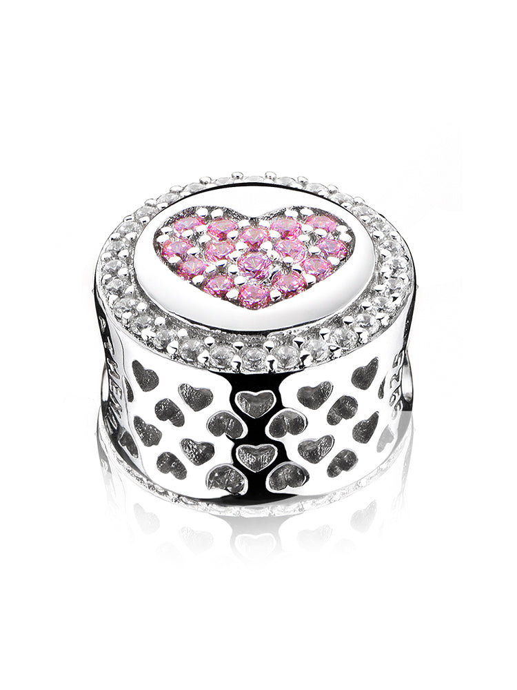 Flat view of pink heart glow 925 sterling silver charm bead
