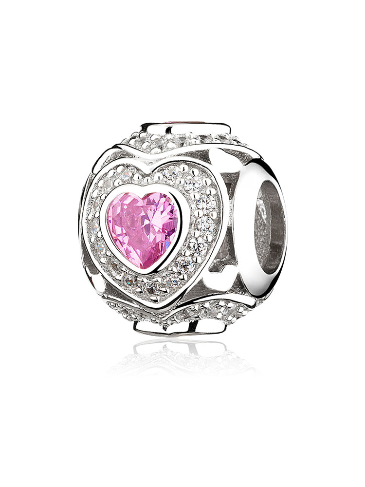 Pink heart charm bead in 925 sterling silver with CZ stones by ATHENAIE