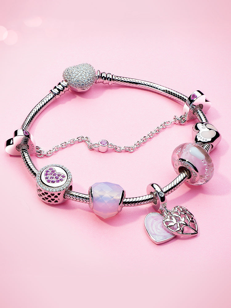 Pink heart charm bead styled on European charm bracelet