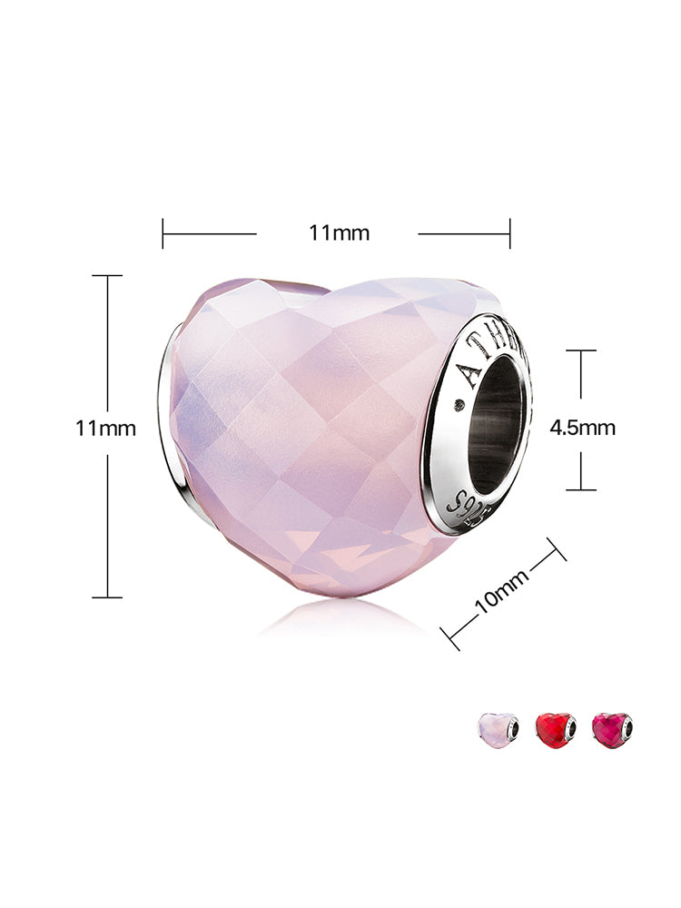 Pink crystal Murano glass heart charm bead size view