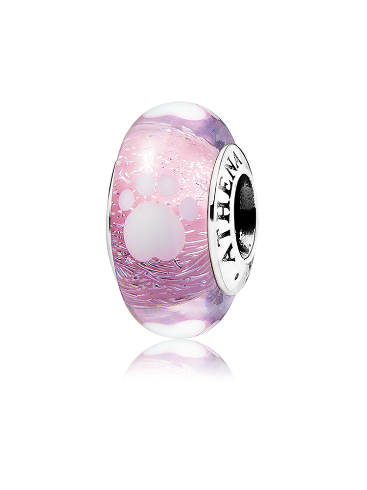 Pink paw Murano glass charm bead with paw print design