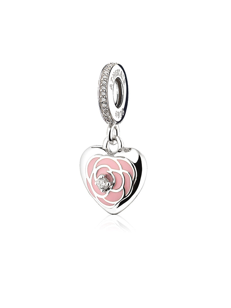 Pink rose heart dangle charm front view in sterling silver