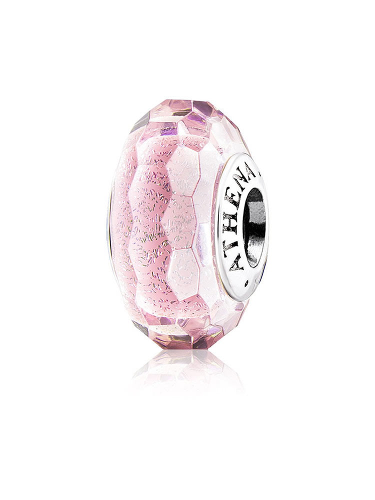 Pink and silver faceted Murano glass bead with a 925 silver core, front view