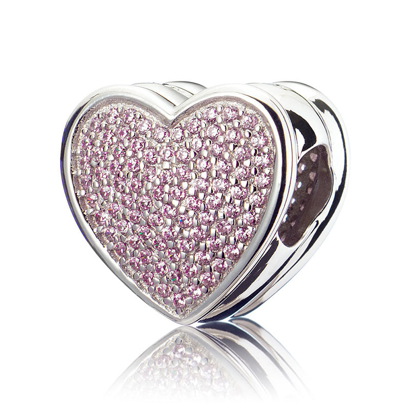 Pink Spark Heart charm in 925 sterling silver, front view