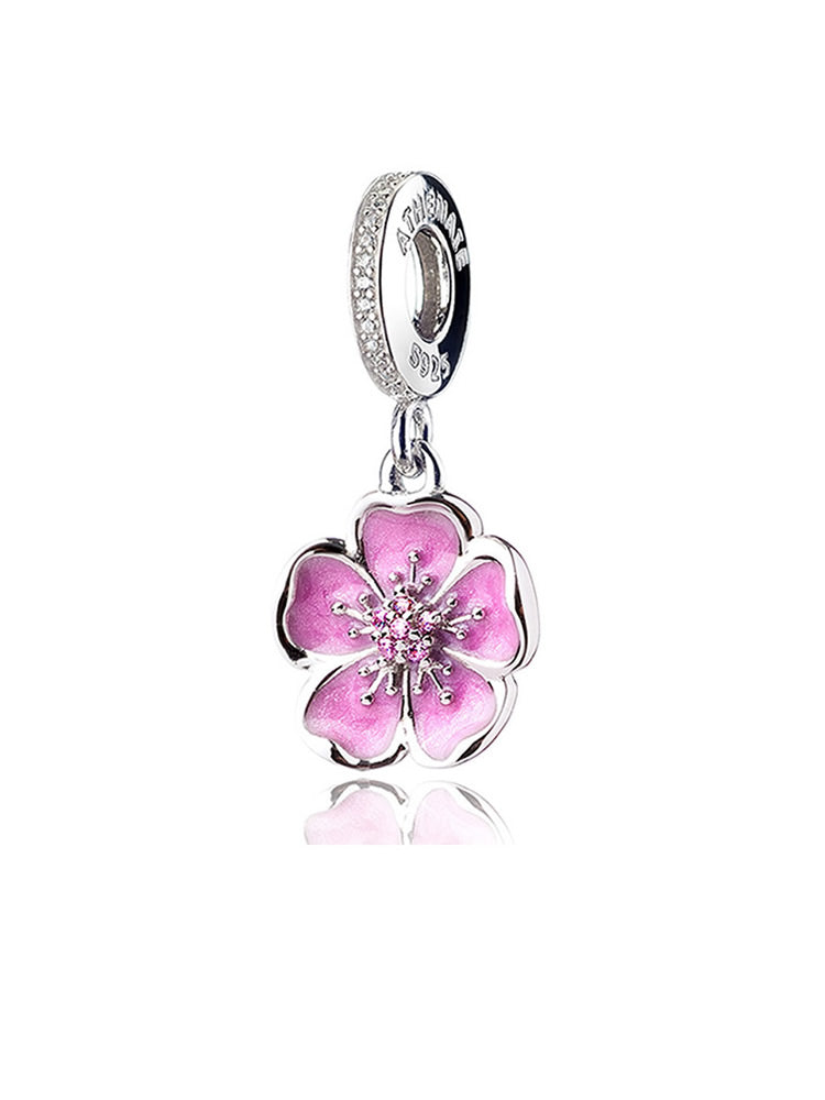 Plum blossom charm pendant in 925 sterling silver with pink enamel by ATHENAIE