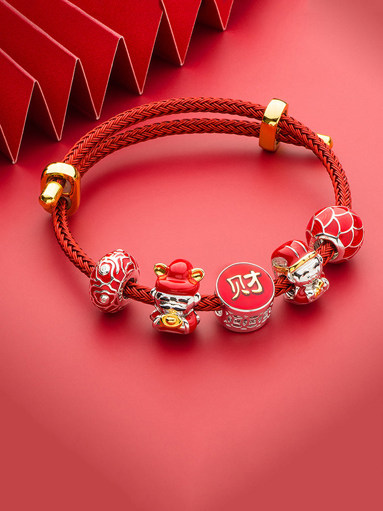 Prosperity charm bead bracelet styling with symbolic wave design