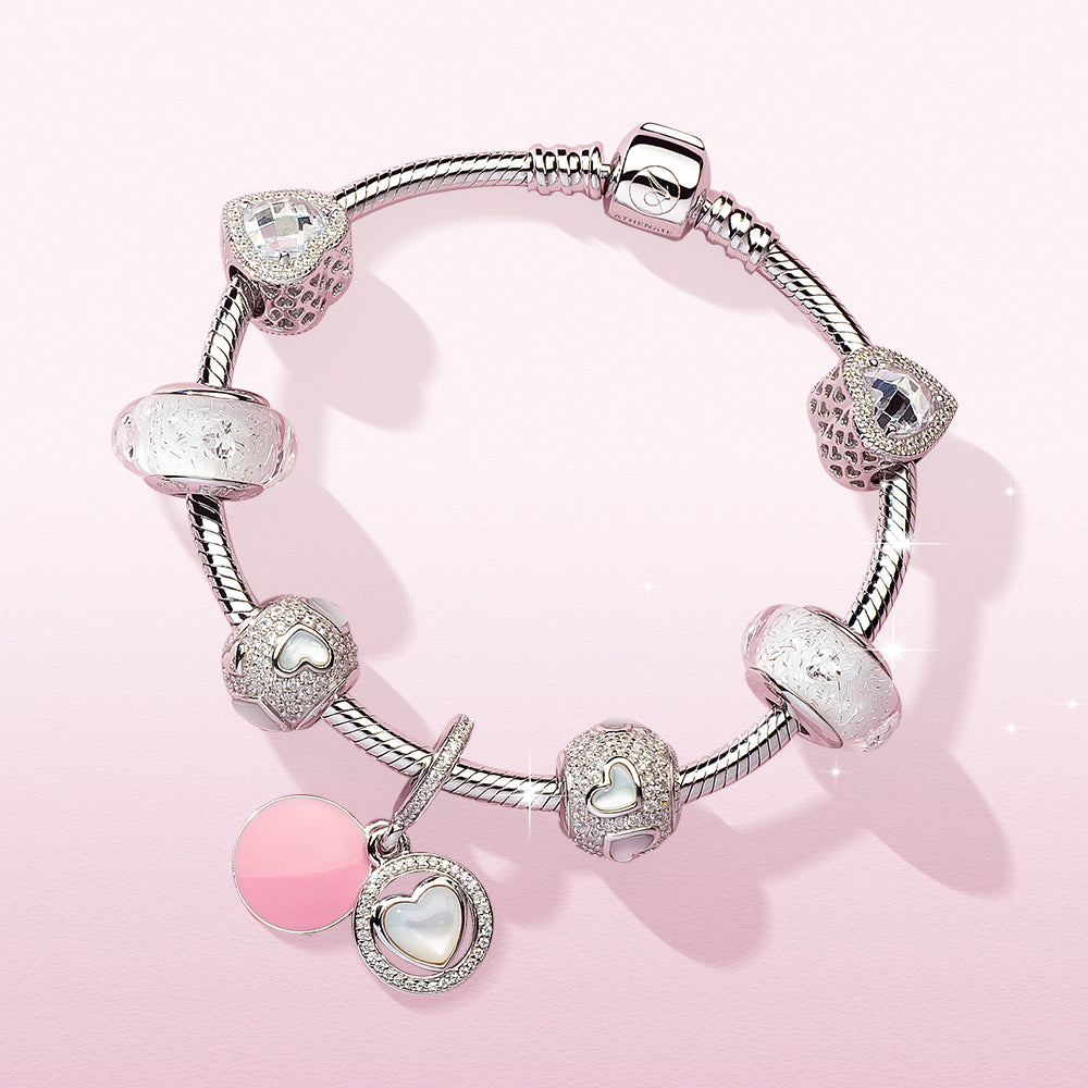 Pure Promise Murano glass charm paired with European-style bracelet, romantic gift jewelry styling by ATHENAIE