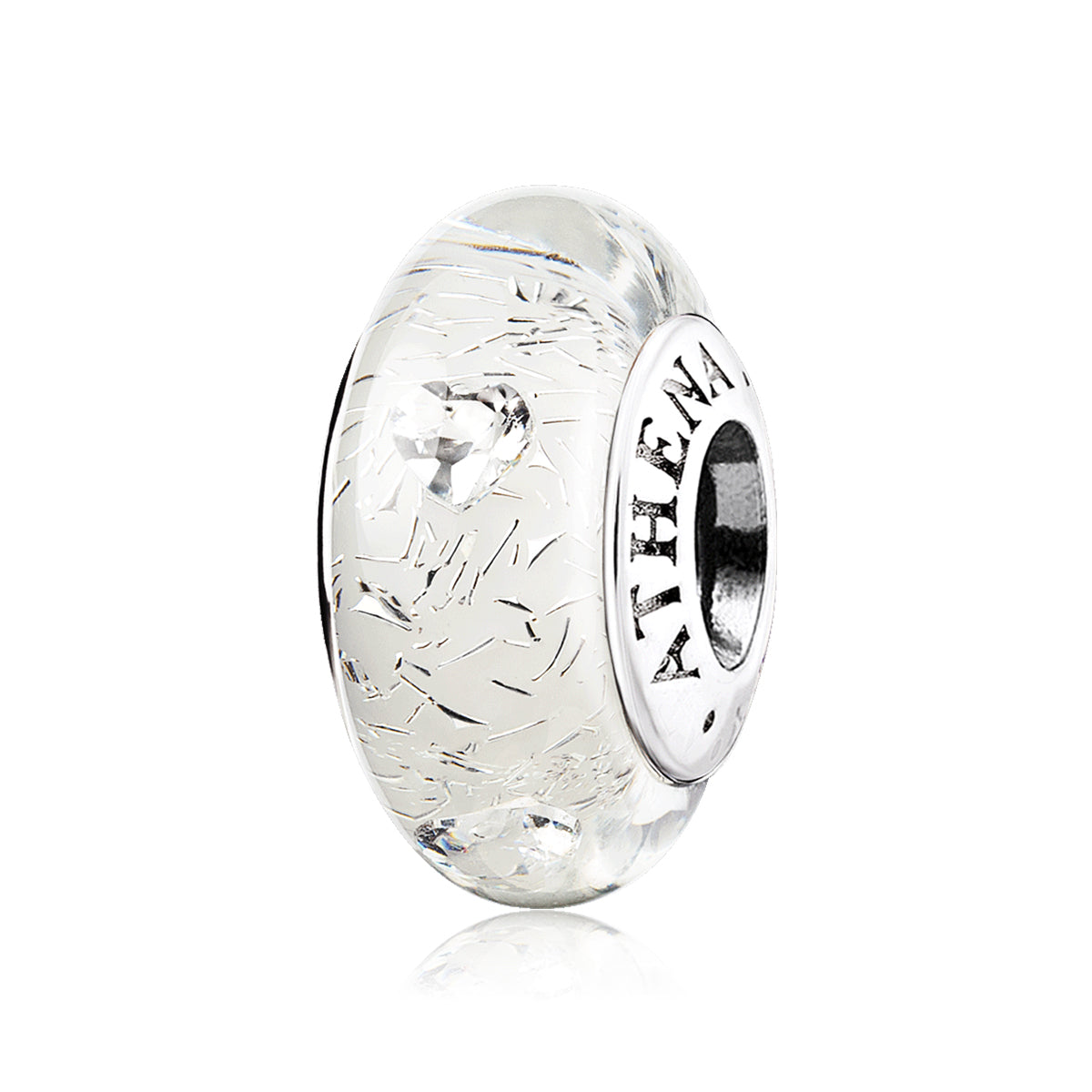 Pure Promise Murano glass charm bead in clear white tone, front view on white background, 925 silver core jewelry by ATHENAIE