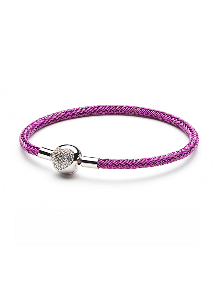 Purple braided charm bracelet with sterling silver heart clasp front view