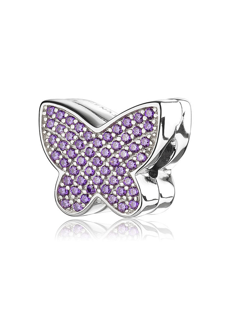 Butterfly clip charm in 925 sterling silver with lavender CZ by ATHENAIE