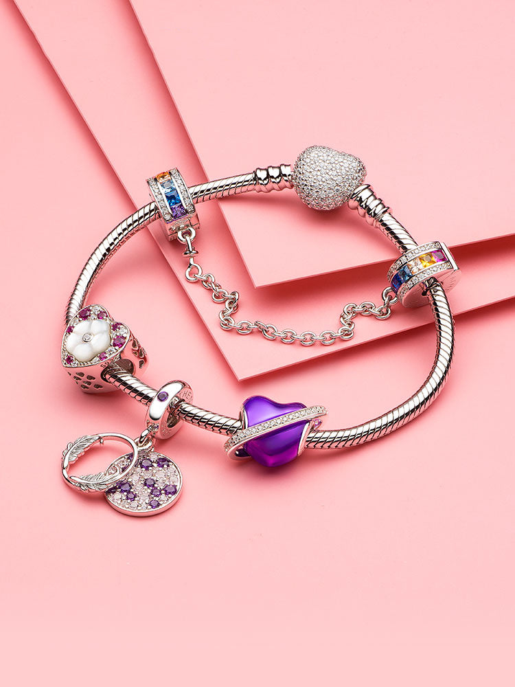 Purple heart sterling silver charm bead bracelet look