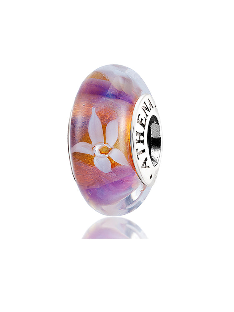 Purple jasmine flower Murano glass bead with a 925 silver core, front view