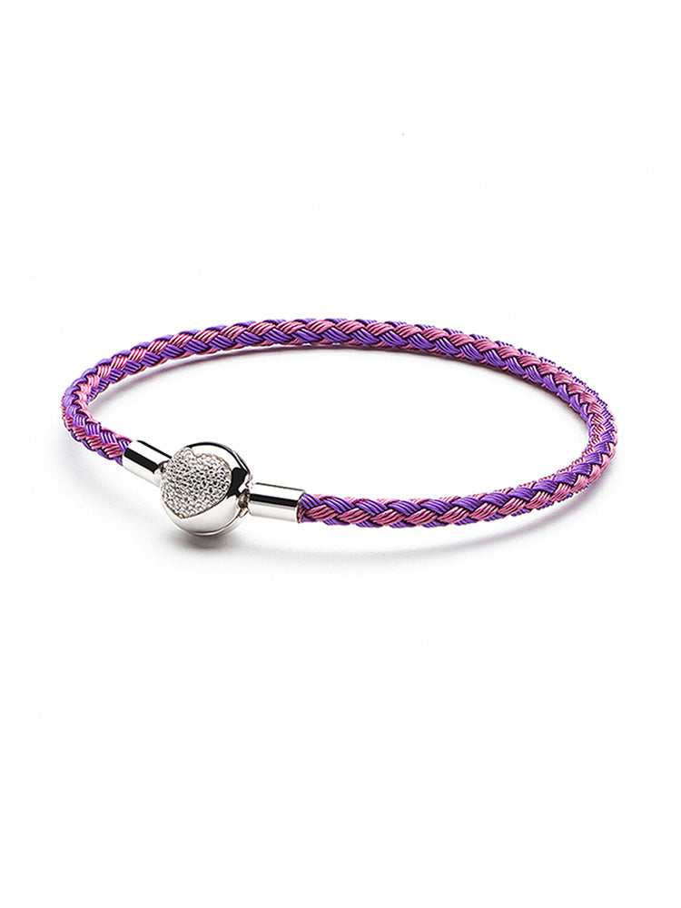 Purple pink braided charm bracelet with sterling silver heart clasp front view
