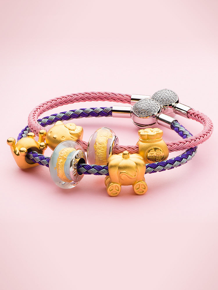 Purple pink braided charm bracelet styled with charm beads