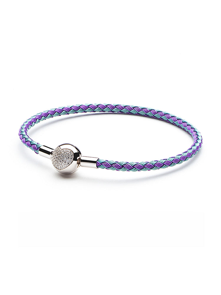 Purple teal braided charm bracelet with sterling silver heart clasp front view