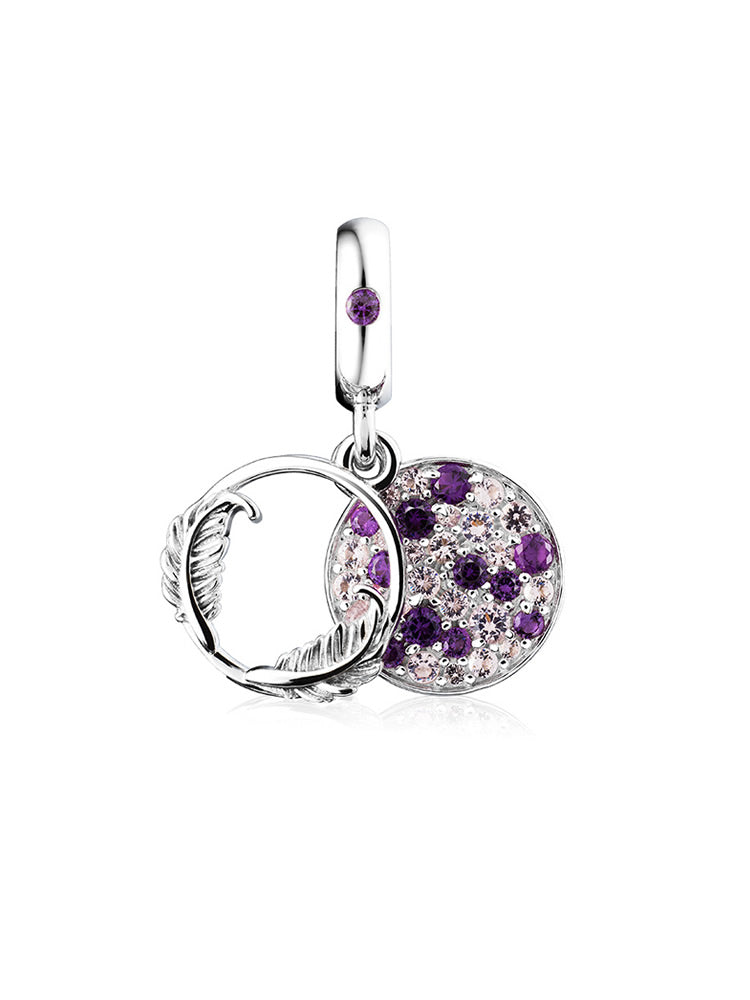 Purple wing circle sterling silver dangle charm open view