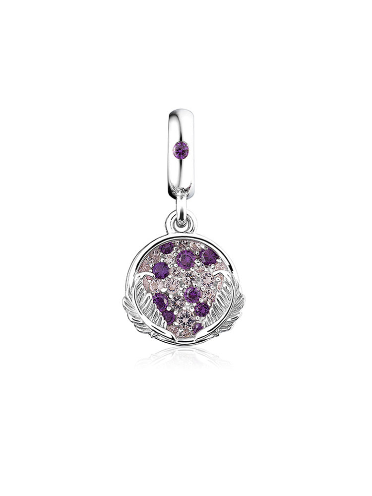 Purple wing circle sterling silver dangle charm front view
