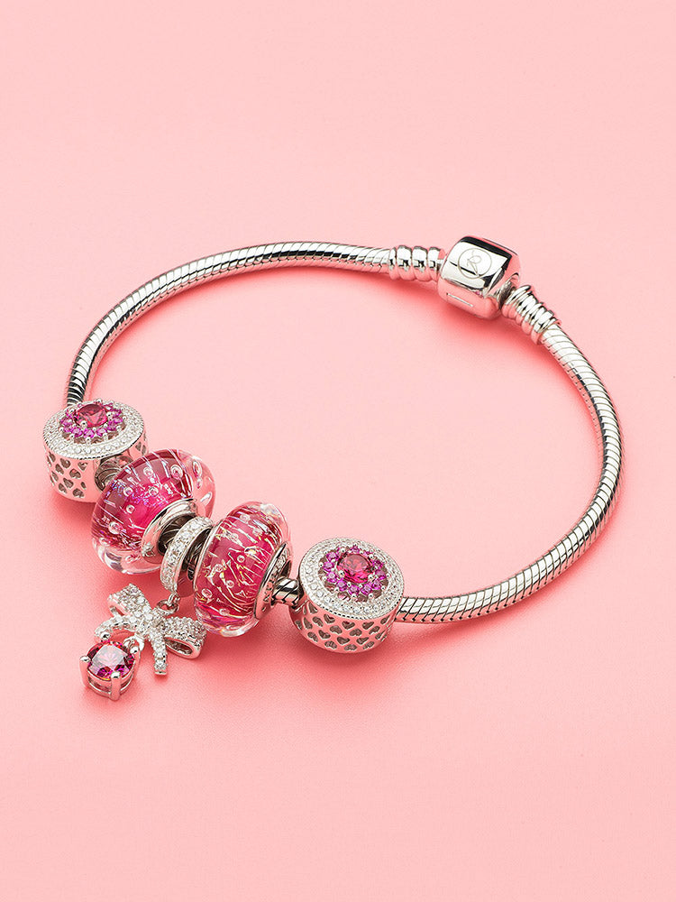 Sterling silver Radiant Love heart charm bead bracelet look