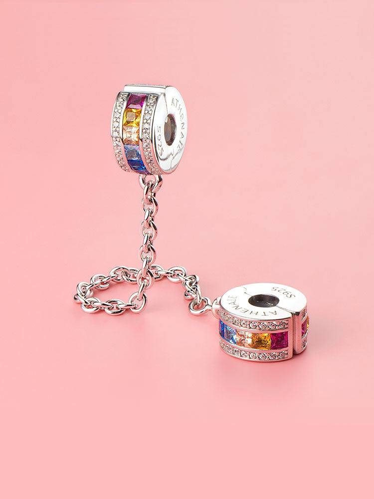 Rainbow sparkle sterling silver safety chain charm on bracelet