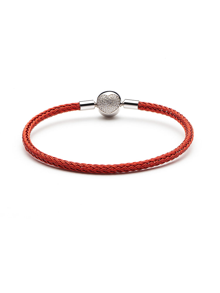 Red charm bracelet with sterling silver heart clasp back view