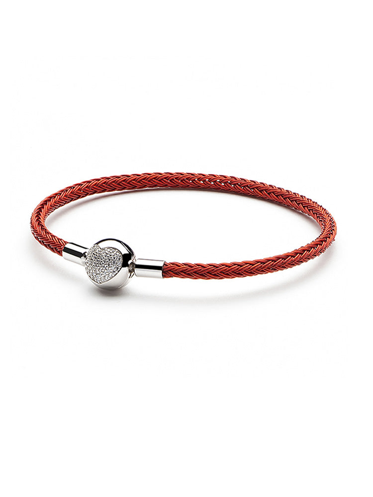 Red charm bracelet with sterling silver heart clasp front view