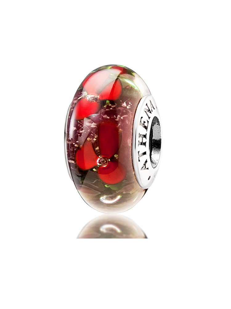 Red floral Murano glass bead with a 925 silver core, front view