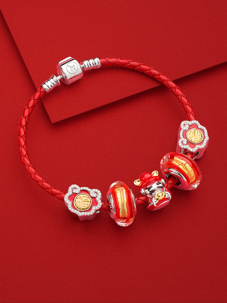 Red leather charm bracelet compatible with charm beads