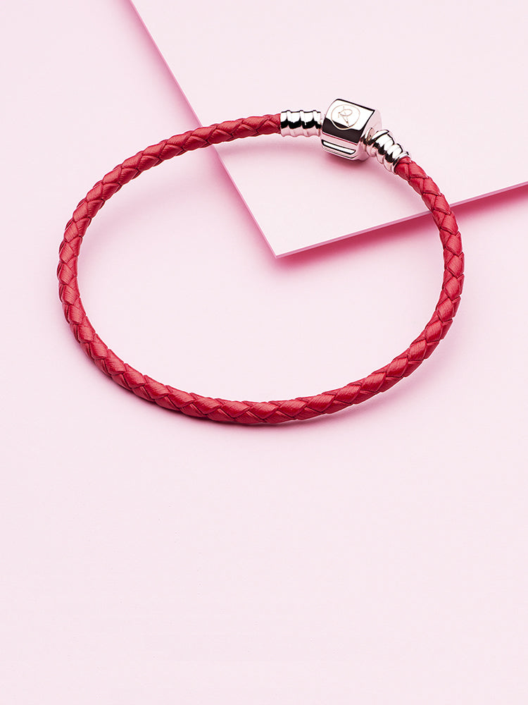 Red leather charm bracelet with sterling silver clasp lifestyle view