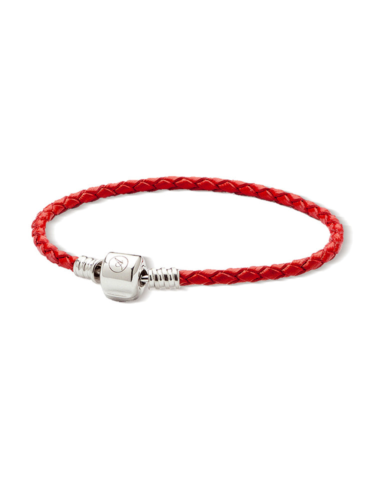 Red leather charm bracelet with sterling silver clasp front view