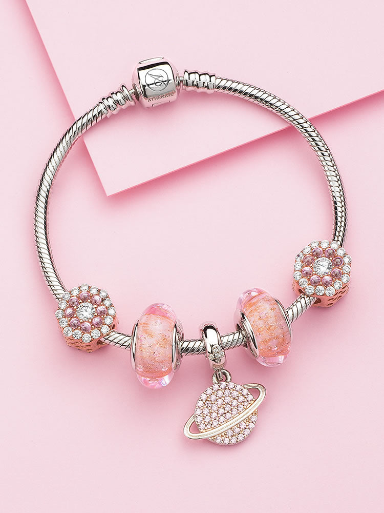 Rose flower charm bead styled on silver charm bracelet